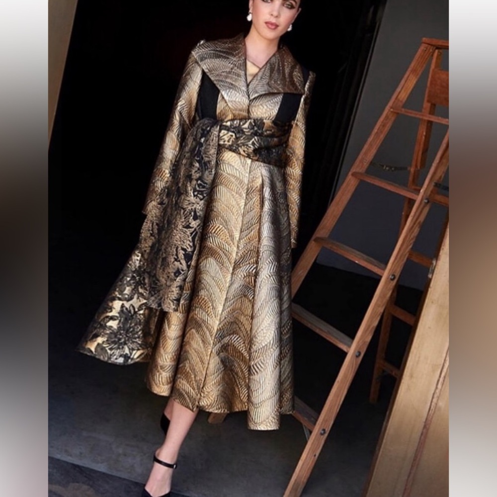 Making The Cut ,metallic Jaguar midi jacket  extra long wrap scarf size S…
